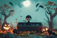 Cute vampire in the coffin background halloween fantasy cartoon.