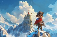 Cute warrior on the mountain background outdoors cartoon nature.