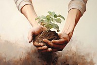 Close up hand holding a soil with a growing plant gardening planting nature.