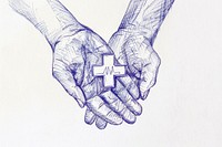 Vintage drawing hands holding plus symbol and healthcare medical icon sketch blue illustrated.