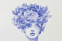Vintage drawing woman flowers over head sketch adult blue.