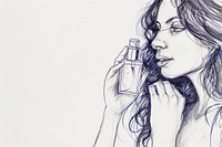 Vintage drawing middle age woman holding a skincare bottle sketch adult contemplation.