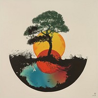 Silkscreen of a colorful globle with tree growing art painting nature.