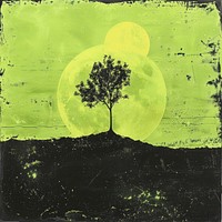 Silkscreen of a green World with tree growing art textured painting.