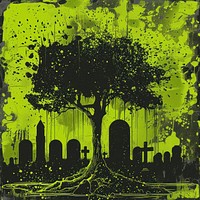 Silkscreen of a green World with tree growing backgrounds silhouette painting.