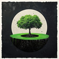 Silkscreen of a green World with tree growing bonsai plant art.