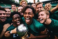 Football team holding trophy cheerful laughing sports.