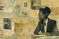 Black businesswoman meeting ephemera border newspaper collage portrait.