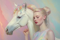 Close up on pale woman Unicorn pastel rainbow painting portrait animal.