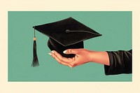 Graduation cap holding green hand.