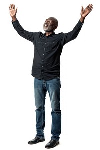 Black middle age man raising hands standing shouting adult.