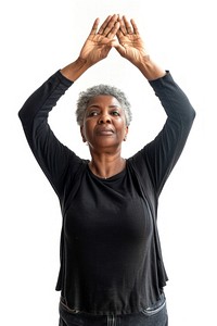 Black middle age woman raising hands portrait adult photo.