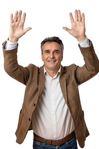 Caucacian middle age man raising hands shirt gesturing happiness.