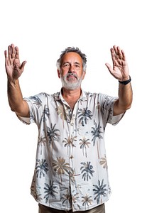 Maxican middle age man raising hands adult shirt gesturing.