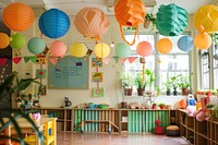 Classroom in summer decoration balloon party.
