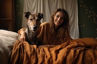 Happy woman bedroom furniture portrait.