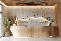 Reception of wellness spa plant wood interior design.
