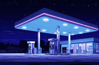 Enormous gas station blue architecture illuminated.