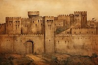 Medieval Persian painting art of castle architecture building wall.