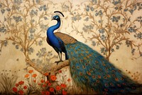 Medieval Persian painting art of peacock on a Persian pattern animal bird wall.