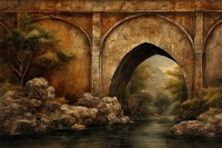 Medieval Persian painting art of stone arch bridge architecture outdoors reflection.