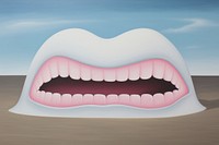 Surrealistic Scene painting illustration of fangs teeth moustache outdoors.