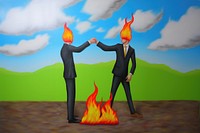 Surrealistic Scene painting of 2 business men shakehand and fire on him body outdoors adult art.