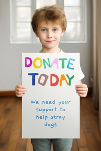 Boy holding donation poster