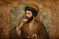 Medieval Persian painting art of man drink Coffee portrait adult wall.