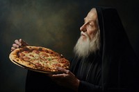 Pizza in the style of reimagined religious art pizza portrait painting.