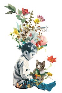 Boy playing with a cat pattern flower painting.