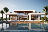 Modern villa with pool and terrace water architecture waterfront.