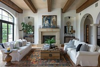 Mediterranean style living room architecture furniture fireplace.