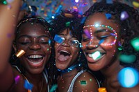Teenager African friends at birthday party night photo accessories celebrating.