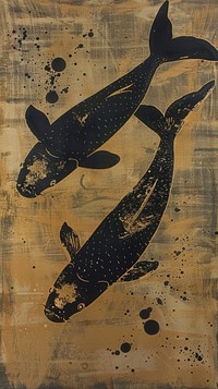 Silkscreen on paper of a 2 koi fish animal mammal whale.
