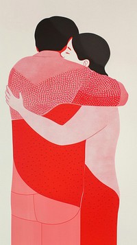 Silkscreen on paper of a couple hugging recreation clothing painting.