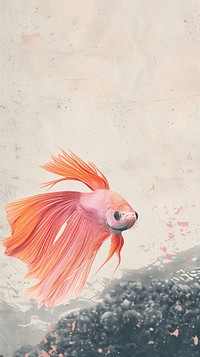 Silkscreen on paper of a beta fish goldfish animal sea life.