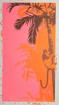 Silkscreen on paper of a monkey on tree electronics arecaceae painting.