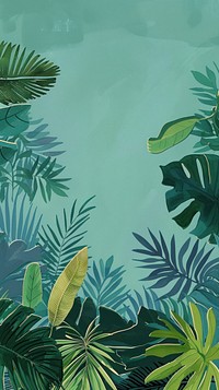 Silkscreen on paper of a tropical leaves green vegetation rainforest.