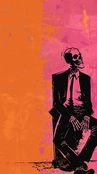 Silkscreen on paper of skeleton businessman painting person adult.