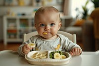 A baby is sitting at a table photography eating plate.