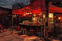 Korean street food restaurant lighting outdoors.