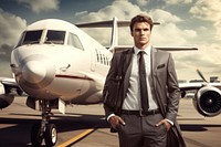 Business travel at plane background photo transportation accessories.