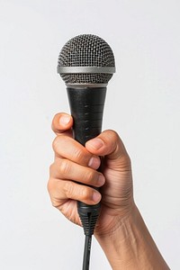 Hand holding microphone weaponry electrical device mace club.