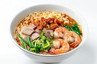 Pork shrimp noodles soup lam mee food bowl dish.