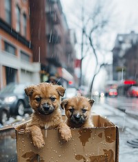 Puppies in cardboard box street transportation automobile.