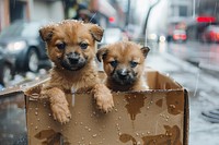 Puppies in cardboard box transportation automobile vehicle.