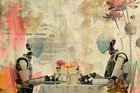 Robots having a dinner party ephemera border collage painting drawing.