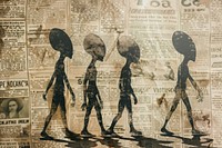 Aliens walking ephemera border newspaper drawing text.
