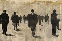 Men in black suits walking crowd ephemera border newspaper backgrounds drawing.